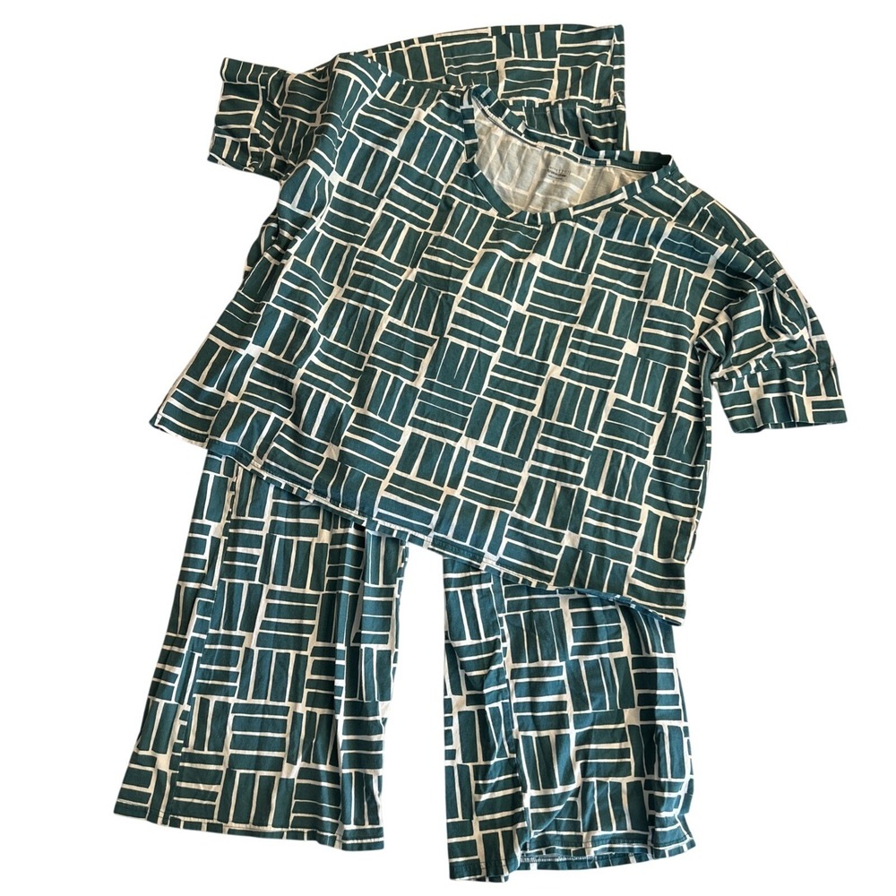 Garnet Hill Women's Large Pajama Set Teal 2 pc Set Summer Green Cotton Lounge